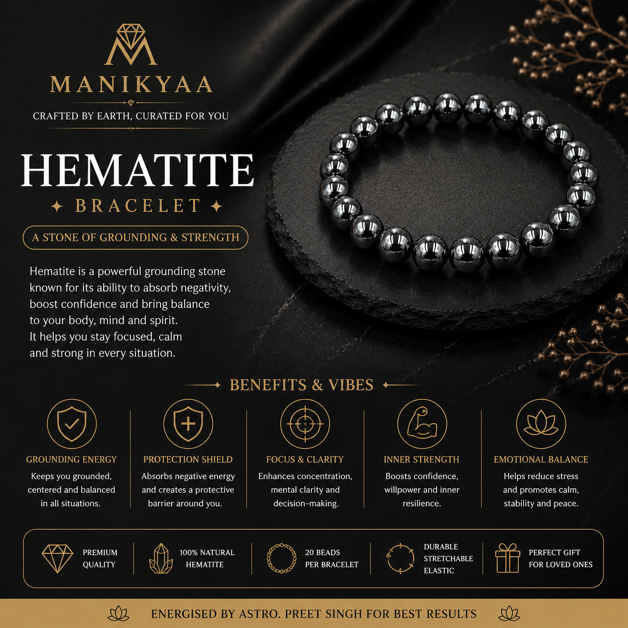 Natural Hematite Stone Bracelet | Strength & Grounding